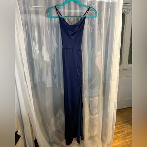 Navy Satin Cowl Neck Floor Length Open Back Slip Dress/Evening Gown Size Small